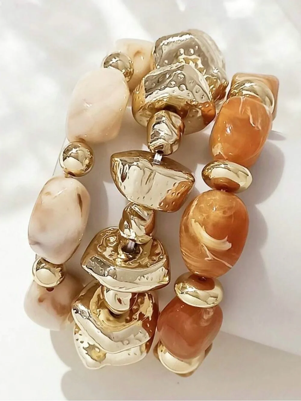 3pcs Gold and Cream Beaded Stretch Bracelet Set -good for mother day present